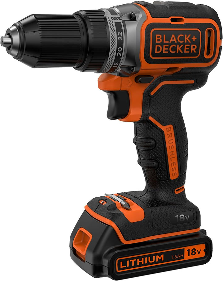 Black+Decker Akku-Bohrschrauber, Bohrmaschine (18 V 1.5Ah, bürstenloses 2-Gang-Getriebe, LED-Arbeits