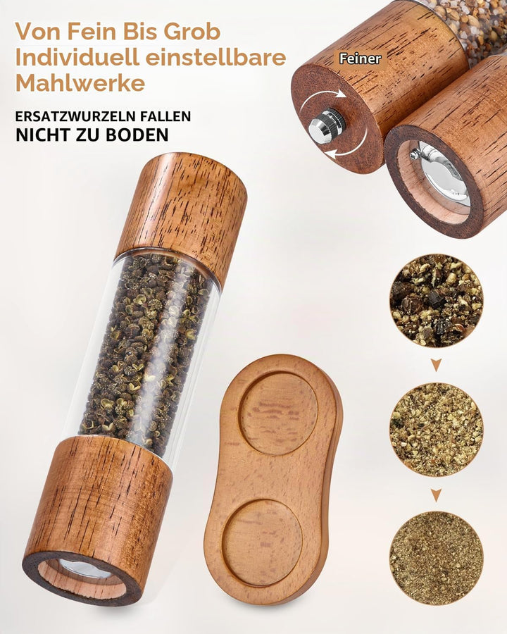 Salz und Pfeffermühle Holz 2er Set, Gewürzmühle mit Keramikmahlwerk, Salz und Pfefferstreuer mit unt