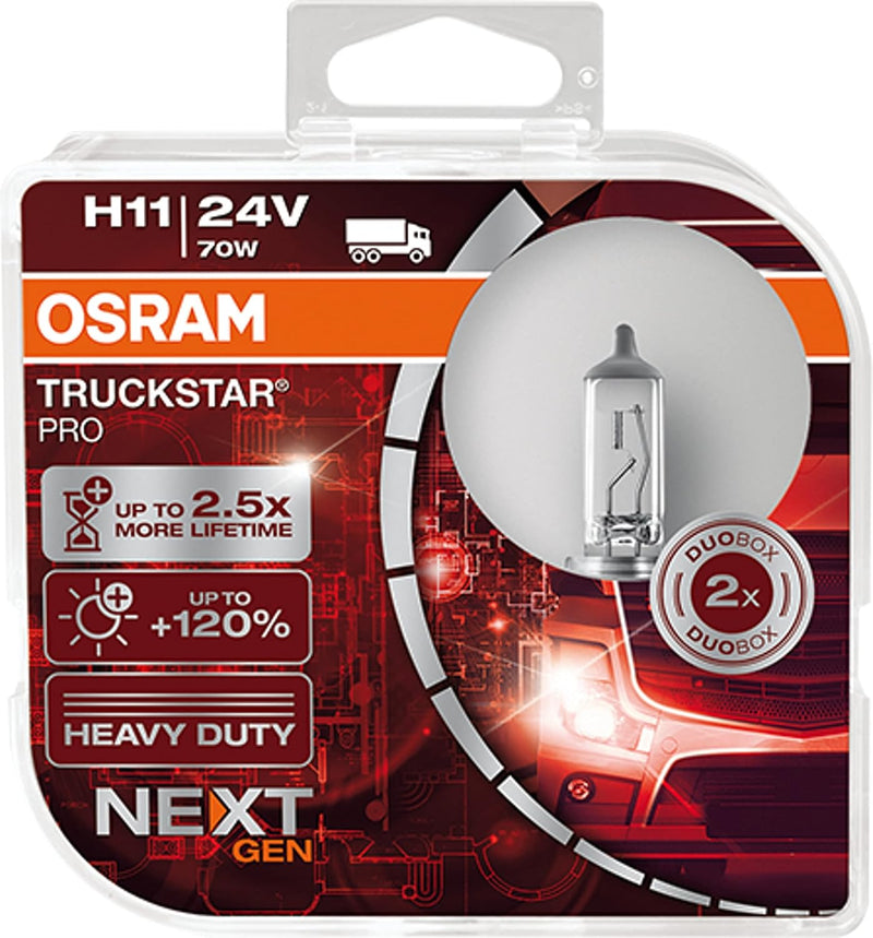 OSRAM TRUCKSTAR® PRO H11, +120% mehr Helligkeit, Halogen-Scheinwerferlampe, 64216TSP-HCB, 24V LKW La