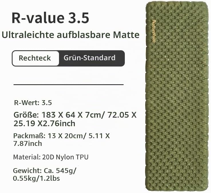 Naturehike Ultraleichte Selbstaufblasende Isomatte, Aufblasbare Campingmatte 3,5R, Langlebige, Tragb