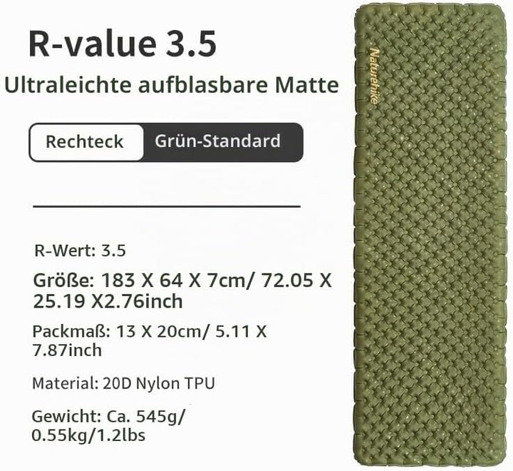 Naturehike Ultraleichte Selbstaufblasende Isomatte, Aufblasbare Campingmatte 3,5R, Langlebige, Tragb