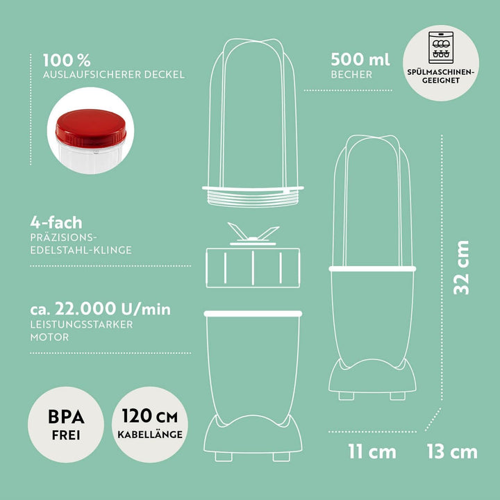 GOURMETmaxx Mr. Magic Mixer | Smoothie Maker - 4-tlg. | Standmixer mit Mixbecher & Frischhaltedeckel