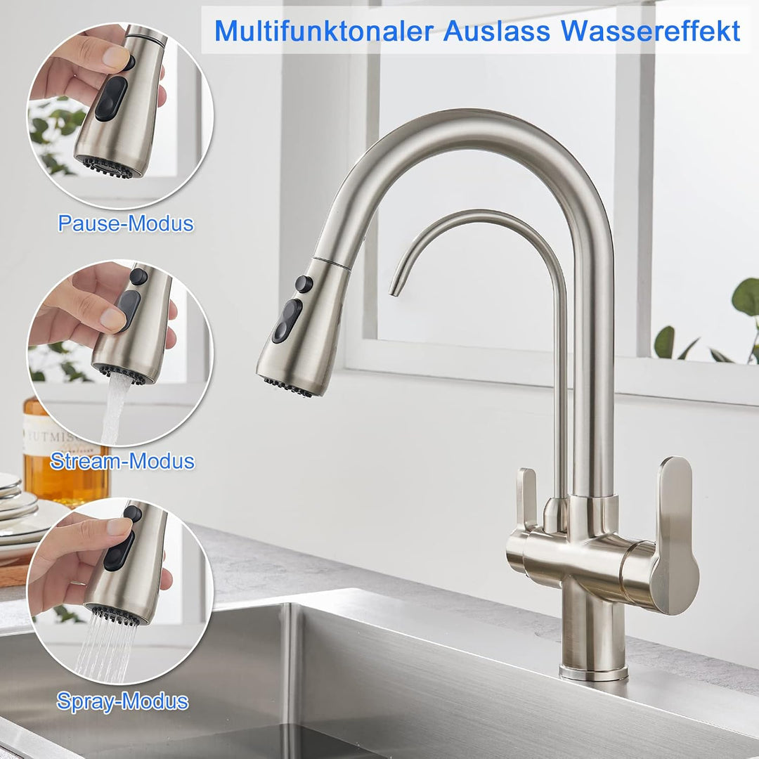 KEOKBON Filter-Küchenarmatur mit Trinkwasserhahn, 3-Wege-Küchenarmatur mit hohem Bogen, 3 in 1 Misch
