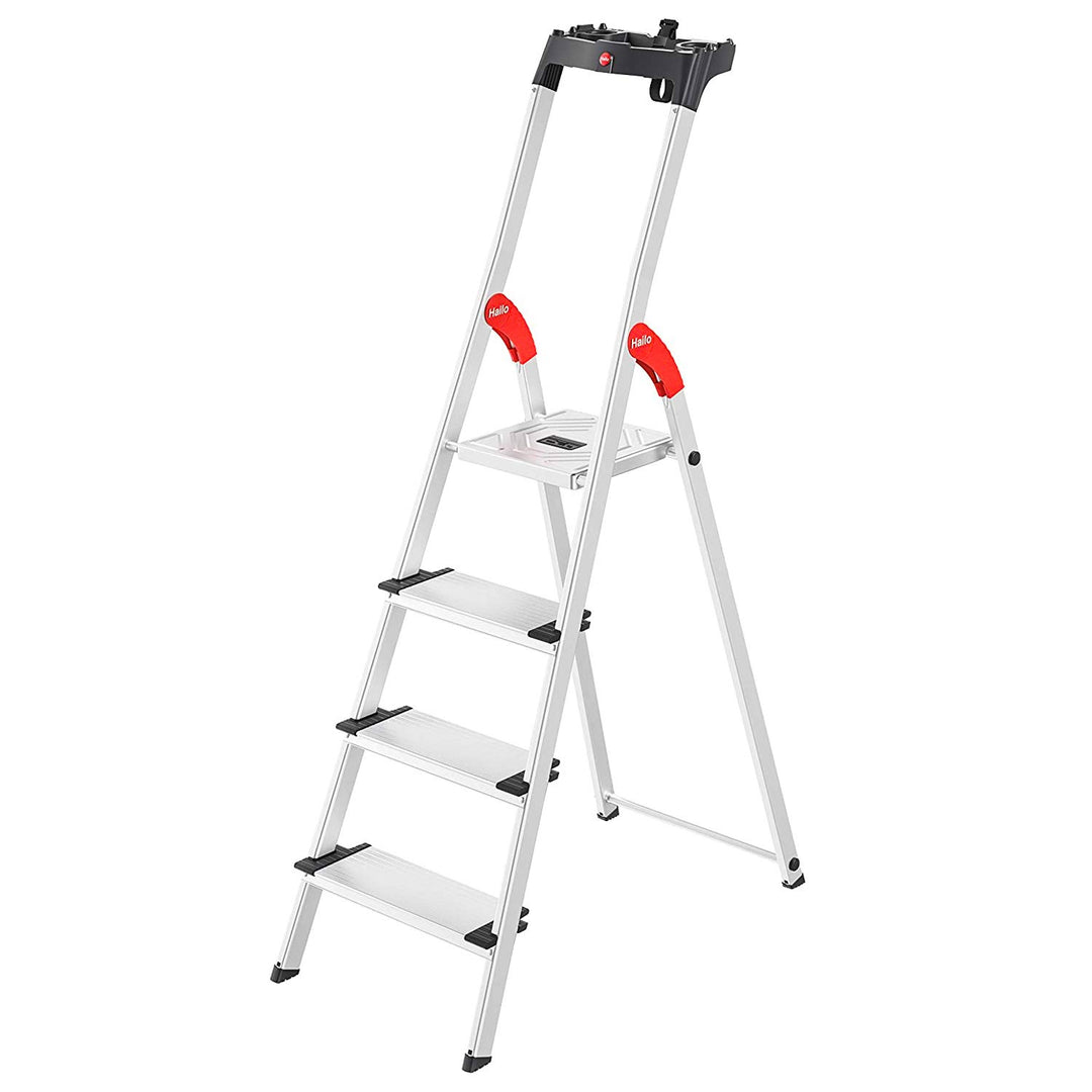 Hailo L80 ComfortLine Alu-Sicherheits-Stehleiter - klappbare Leiter mit 4 XXL Stufen und Ablageschal