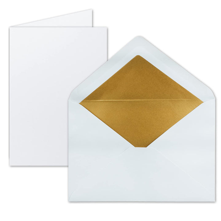 25 Sets - Faltkarten DIN A5 - Hochweiss (Weiss) mit Umschläge DIN C5 mit Gold Metallic Futter - 14,8