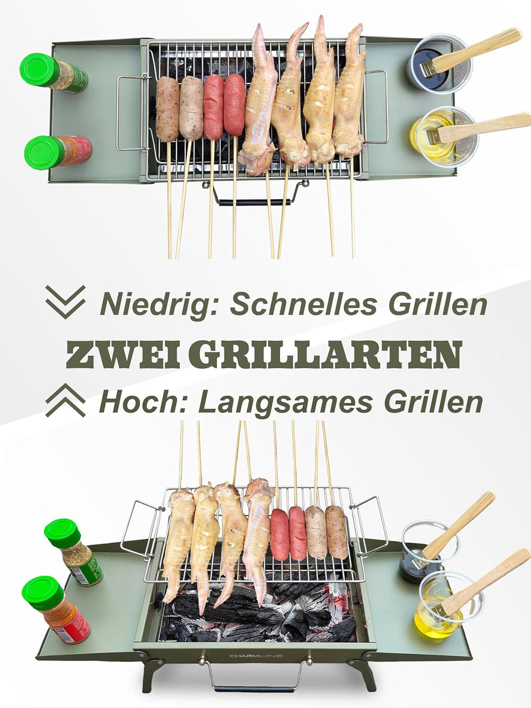 Charmline Tragbarer Holzkohlegrill, Klappbarer Campinggrill 35 x 23 cm für 1–3 Personen, Mini BBQ Gr