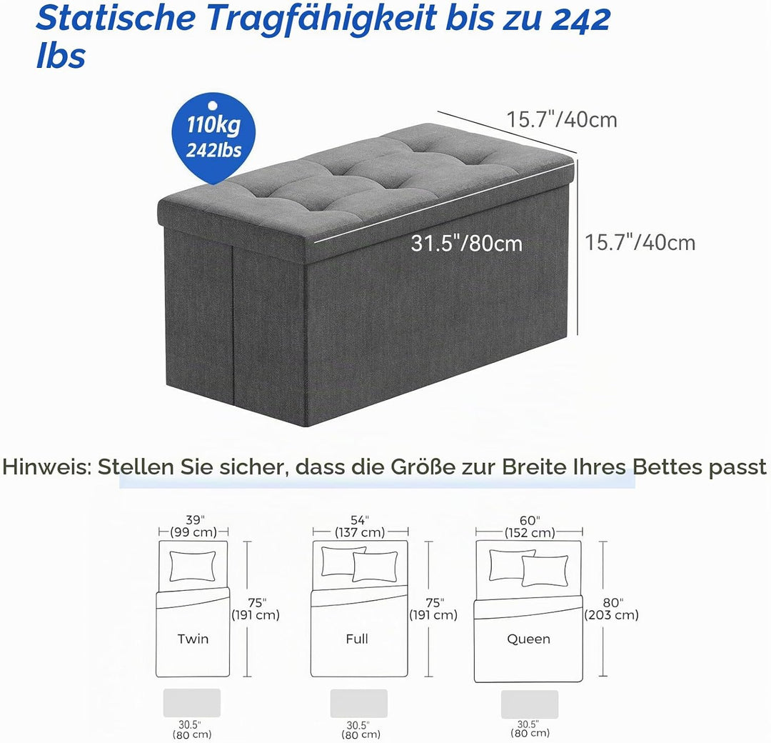 BRIAN &amp; DANY Faltbarer sitzhocker Leinen Sitzbank mit Stauraum, Dunkelgrau, 76 x 38 x 38cm, Dunkelgr