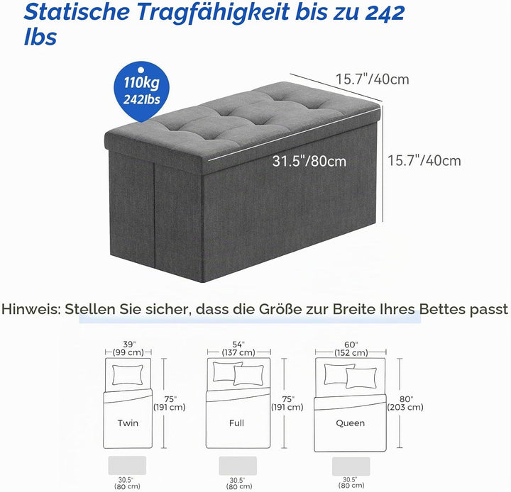 BRIAN &amp; DANY Faltbarer sitzhocker Leinen Sitzbank mit Stauraum, Dunkelgrau, 76 x 38 x 38cm, Dunkelgr