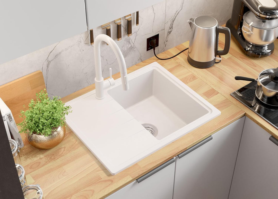 PRIMAGRAN Granitspüle Weiss 62x50cm, Granitspüle 1 Becken + Ablauf-Set, Küchenspüle ab 40er Untersch