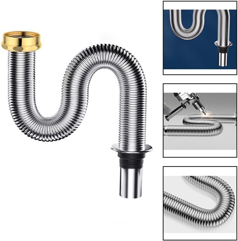 Waschbecken-Ablauf-Set, Edelstahl, Siphon, Abfluss, Flexibler Rohrschlauch, geruchsdichter Silikon-D