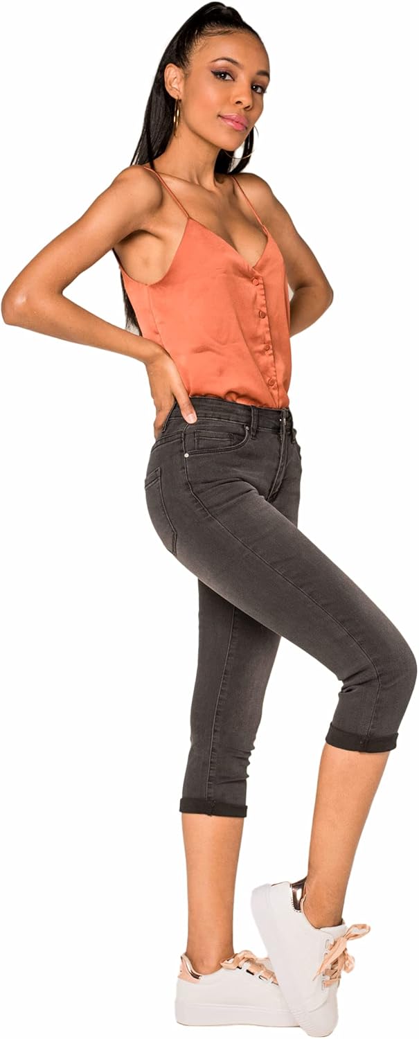 Nina Carter P132 Damen Capri Skinny Fit Jeanshosen HIGH Waist Jeans Used-Look Waschungseffekt L Slim