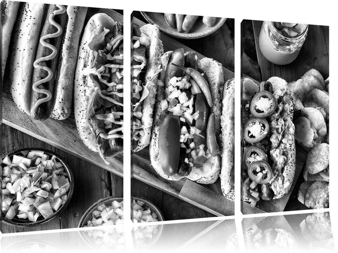 Pixxprint Amerikanische Hotdogs als Leinwandbild/Grösse: 3 Teilig (120x80) cm/Wandbild/Kunstdruck/fe