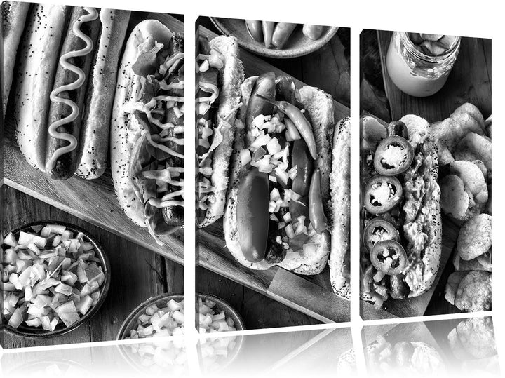 Pixxprint Amerikanische Hotdogs als Leinwandbild/Grösse: 3 Teilig (120x80) cm/Wandbild/Kunstdruck/fe