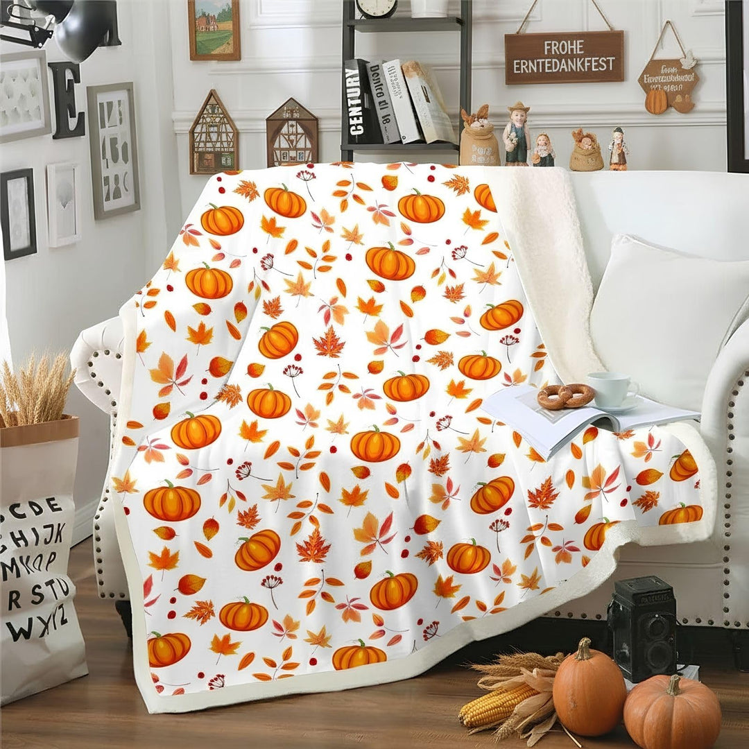 Halloween Kürbis Decke - Frohes Herbst Sherpa Fleece 130 x 150 cm - Süsse Herbstblumen Ahornblätter