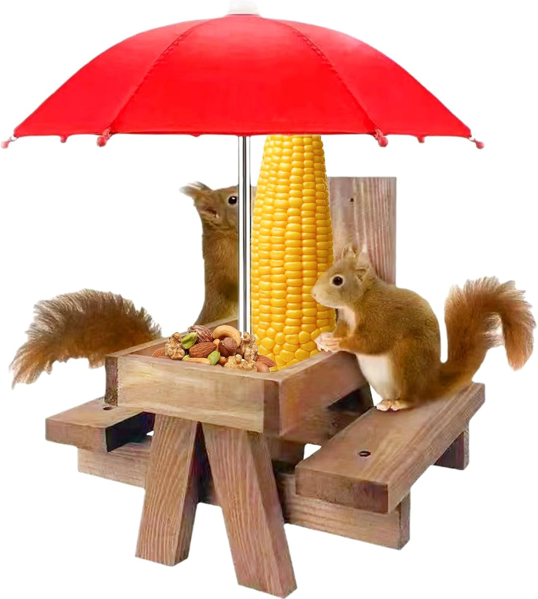 Eichhörnchen Futterhaus Wetterfest, Eichhörnchen-Futtertisch aus Holz mit Regenschirm und Maiskolben