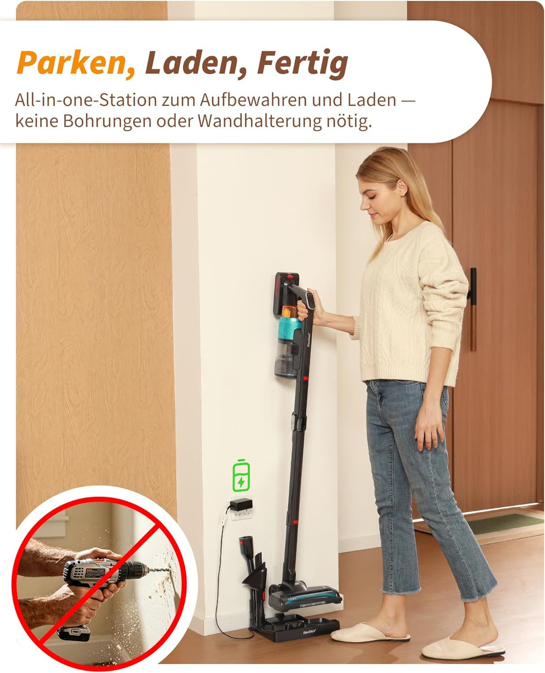 ElecKeys Akku Staubsauger 55000Pa/650W/65Min, Staubsauger Kabellos mit Lade-/Aufbewahrungsstation, F