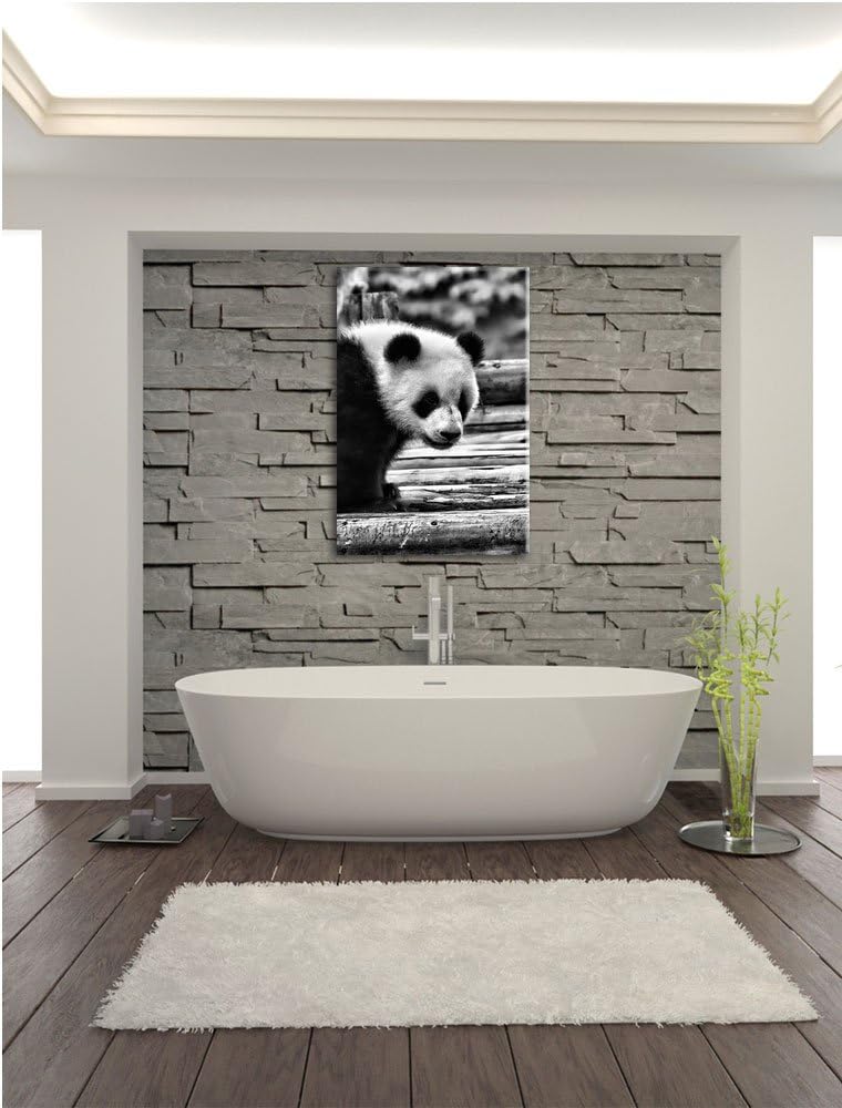 Pixxprint Panda auf Holzstämmen / 100x70cm Leinwandbild bespannt auf Holzrahmen/Wandbild Kunstdruck