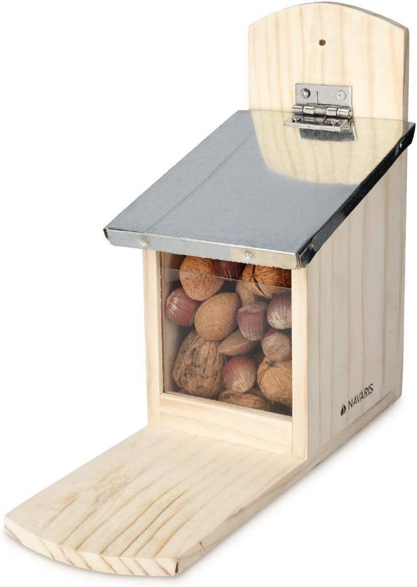 Navaris Eichhörnchen Futterhaus wetterfest aus Holz und Metall - Futterkasten Futterautomat für Gart