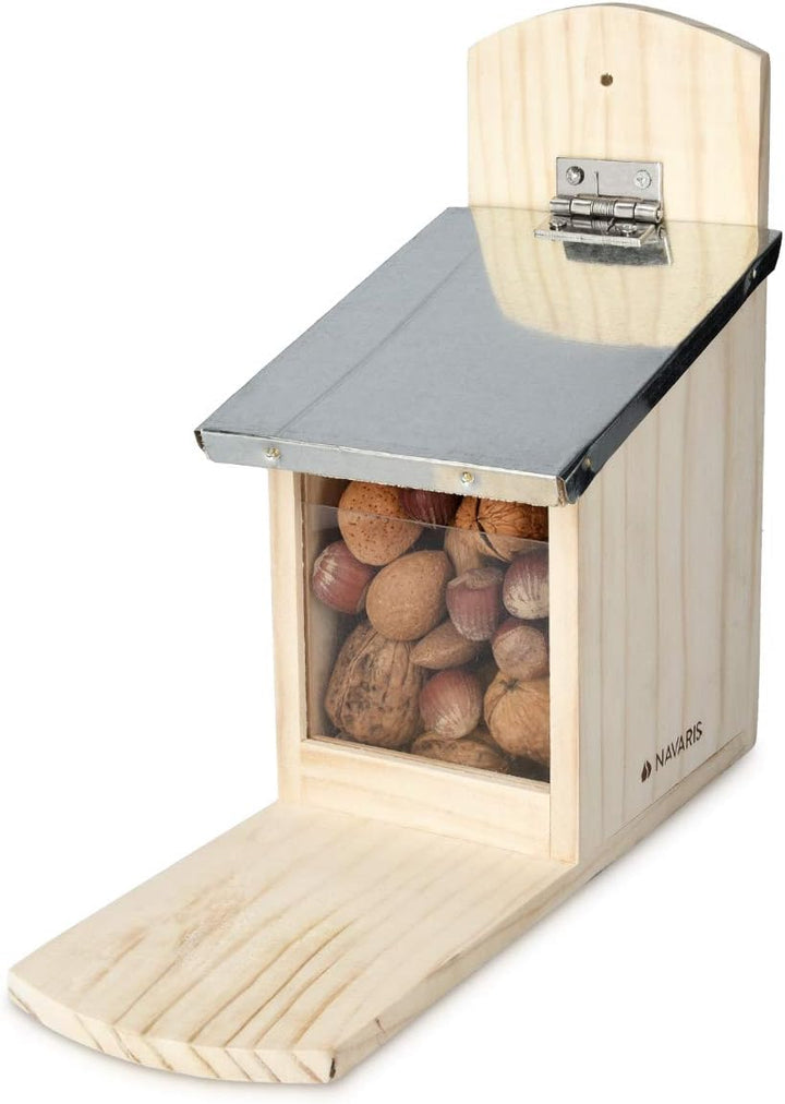 Navaris Eichhörnchen Futterhaus wetterfest aus Holz und Metall - Futterkasten Futterautomat für Gart
