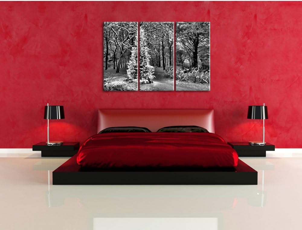 Pixxprint Monocrome, Leuchtender Weihnachtsbaum 3-Teiler Leinwandbild 120x80 Bild auf Leinwand
