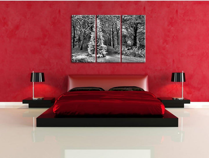 Pixxprint Monocrome, Leuchtender Weihnachtsbaum 3-Teiler Leinwandbild 120x80 Bild auf Leinwand