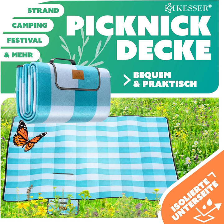 KESSER® Picknickdecke campingdecke XXL 200 x 200 cm - wärmeisoliert mit wasserdichter Unterseite mit