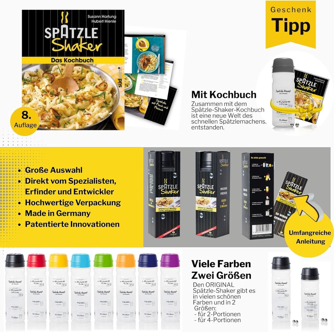 Einsteiger-Set zum Spätzle selber machen mit Spätzle-Shaker (875ml orange) 4 Portionen &amp; Rezeptbuch
