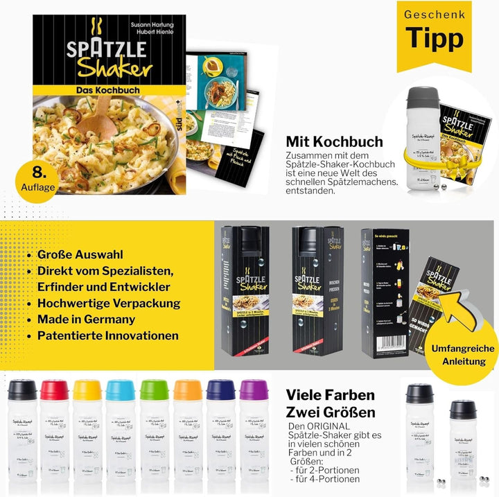 Einsteiger-Set zum Spätzle selber machen mit Spätzle-Shaker (875ml orange) 4 Portionen &amp; Rezeptbuch