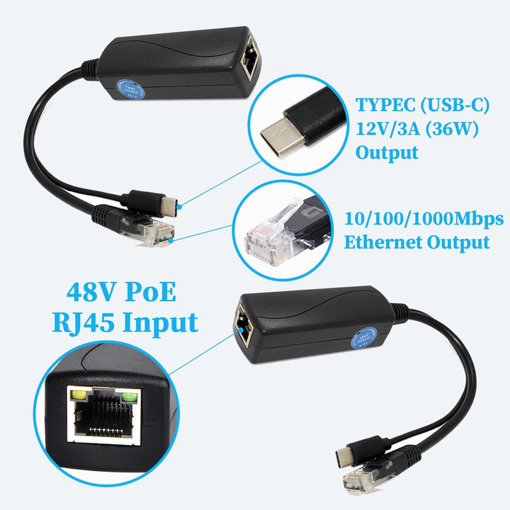 PoE Splitter Gigabit 36W 12V/3A, PoE zu Type-C 12V/3A Ausgang, Gigabit Ethernet gemäss IEEE802.3bt,