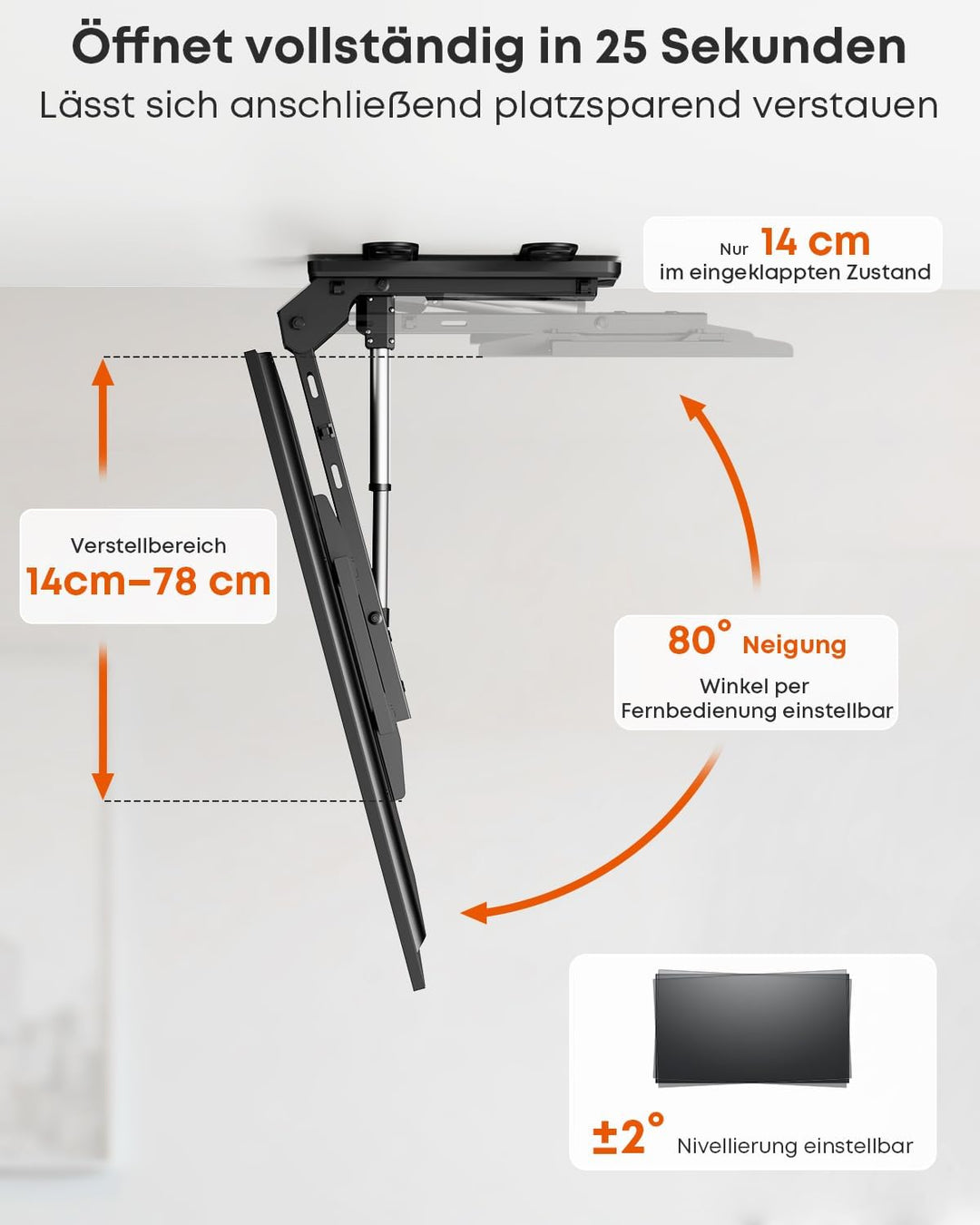 TV-Deckenhalterung Elektrisch für 37-86 Zoll - TV Halterung Decke Elektrisch Klappbar, Neigbar, Mit
