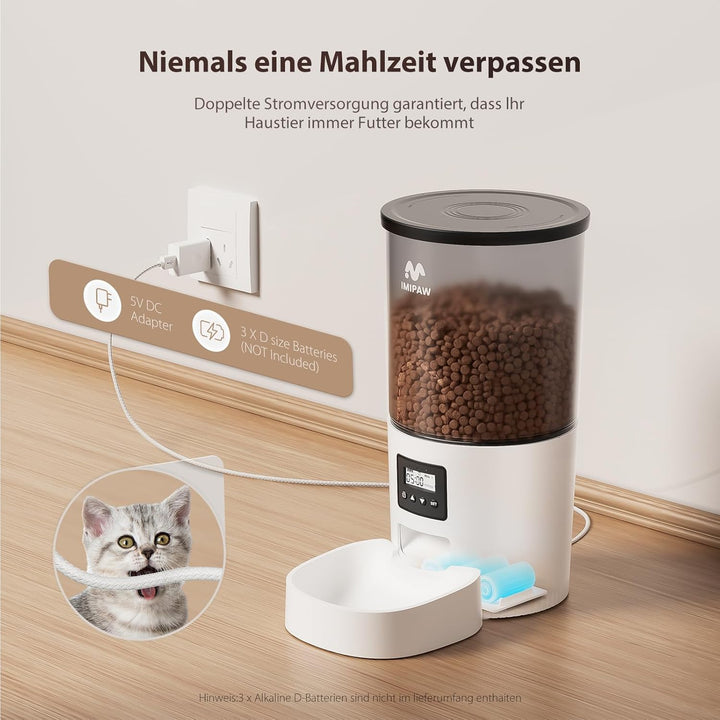 IMIPAW Futterautomat Katze, Katzenfutter Automat mit Programmierbarem Timer, Einfache Bedienung, 1-6