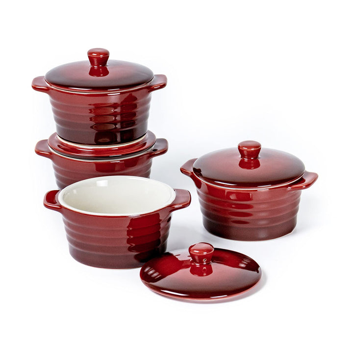 Auflaufform Klein 250ml X 4er, Soufflé Förmchen Mit Deckel - Rot, Creme Brulee Schälchen aus Porzell