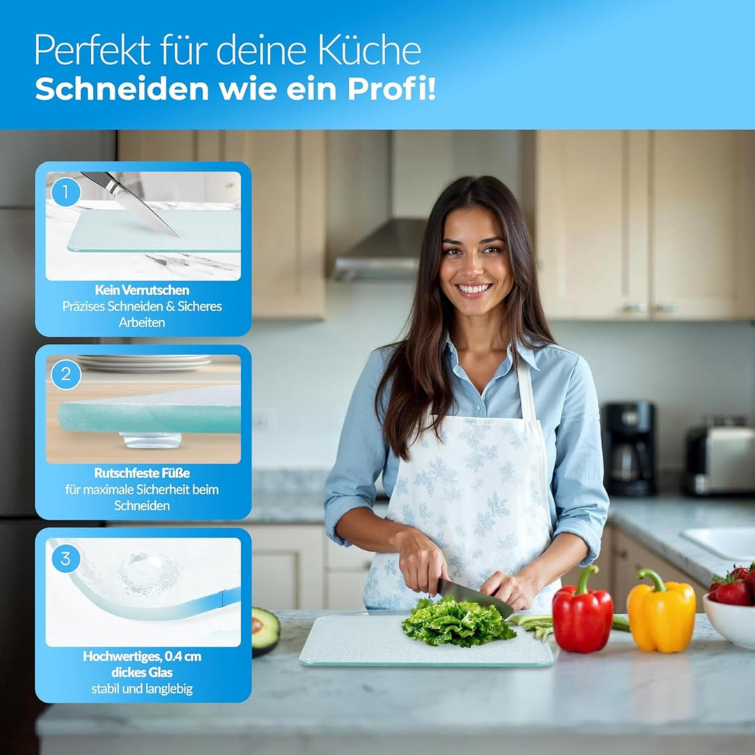Schneidebrett Glas 50x40, rutschfest mit Füsse, Glasschneidebrett ohne Mikroplastik, hygienisches Kü