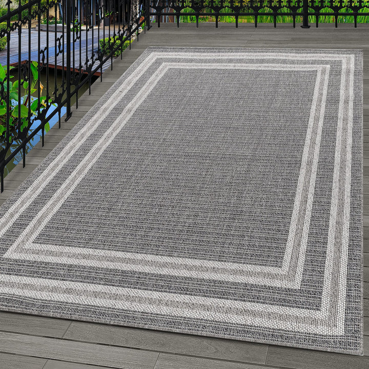 In- &amp; Outdoor Teppich Robuster, Modern Bordüre Design, Rechteckig, Grau und Creme Farbe, Flachgewebe