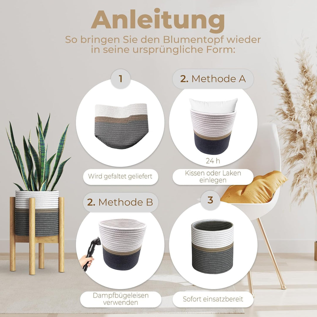 AMARA DECO - Set Textil-Blumentopf + Bambus-Pflanzenständer für Künstliche Pflanzen oder Natürliche