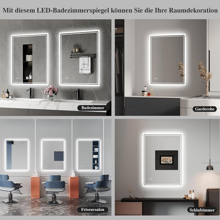 Badspiegel-mit-Beleuchtung 50x70cm: LED Badezimmer-Spiegel Badezimmerspiegel mit Beschlagfrei, Touch