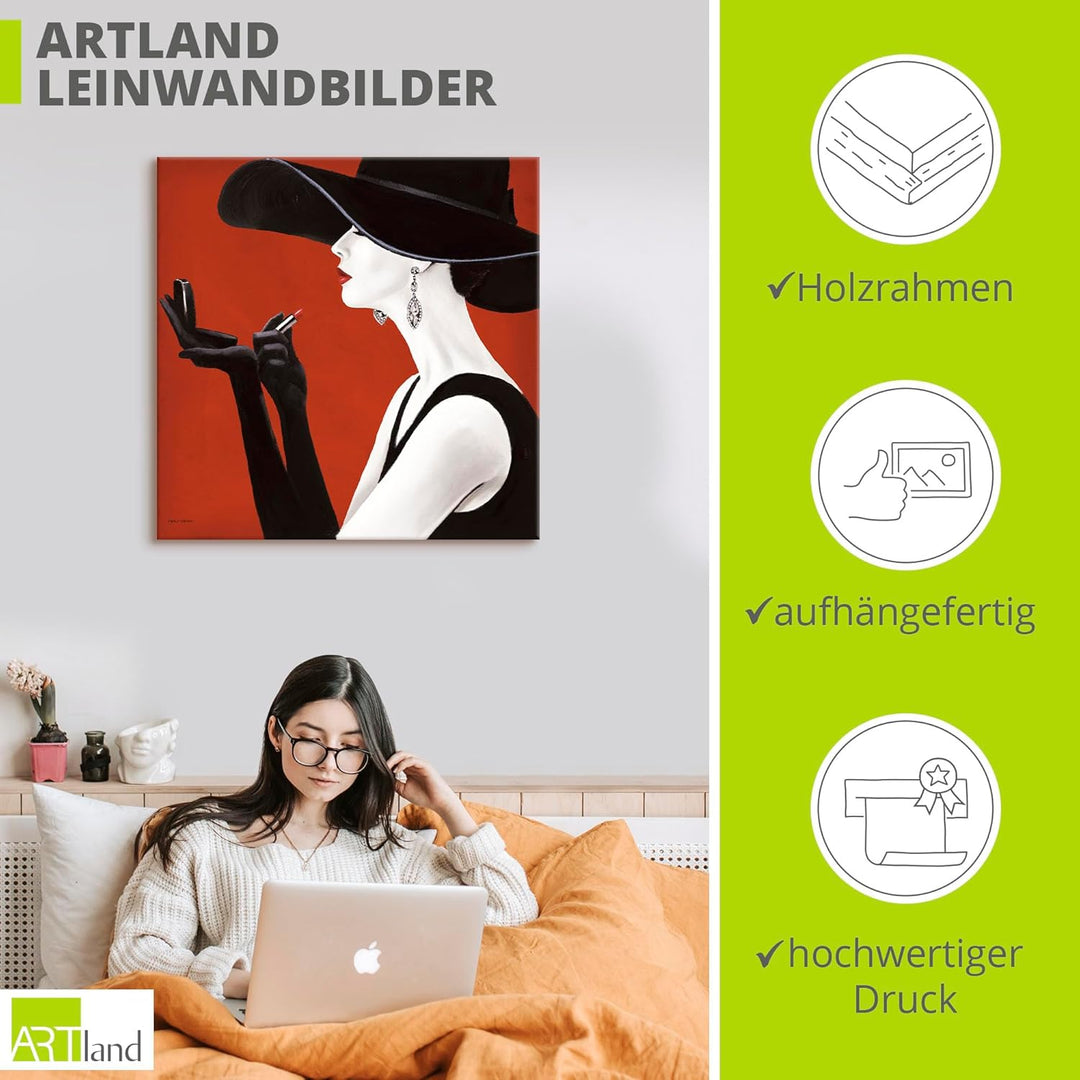 ARTland Leinwandbilder Wandbild Bild auf Leinwand 70x70 cm Wanddeko Frau Hut Stil Lippenstift Beauty