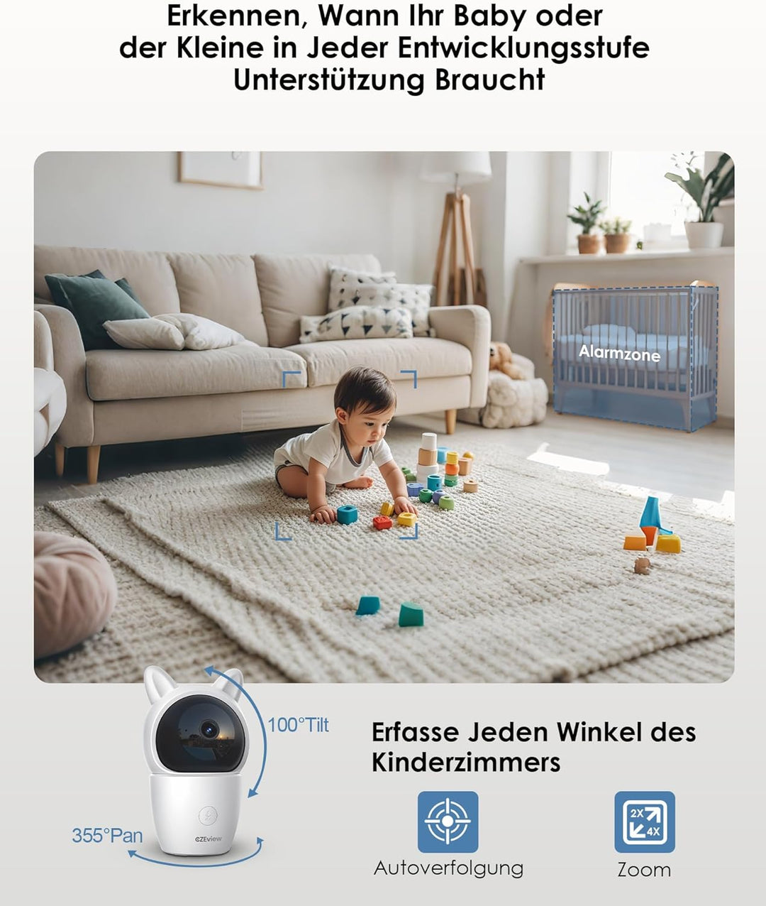 CZEview Babyphone mit Kamera, 2K/5,0" HD WLAN Video Babyfon mit App, 360°, 4× Zoom, Nachtsicht, Auto
