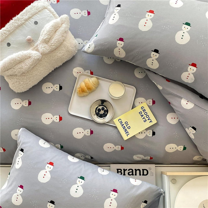 Freyamy Weihnachts Bettwäsche Set 135x200cm Grau Bunt Schneemann Bettwaren-Sets Junge Mädchen Weihna