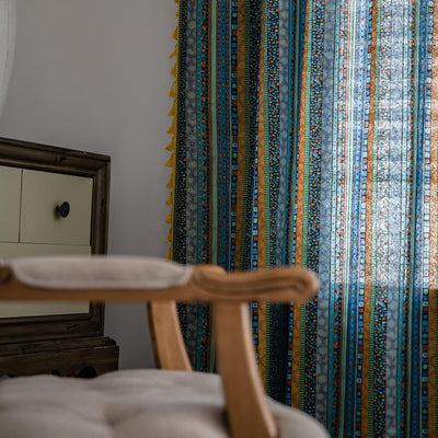 Freyamy Vorhang 160x150cm Boho Bunt Blau Baumwolle Leinen Landhausstil Vintage Vertikale Streifen Bl