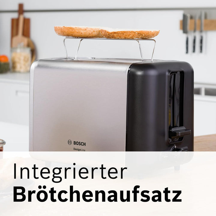 Bosch Kompakt Toaster DesignLine TAT3P420DE, integrierter Edelstahl-Brötchenaufsatz, mit Abschaltaut