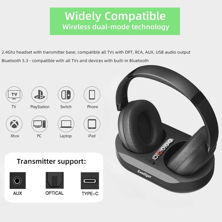 Drahtlose TV-Kopfhörer für Senioren, TV-Kopfhörer Kabellos mit Ladestation für Sender, Bequeme Over-