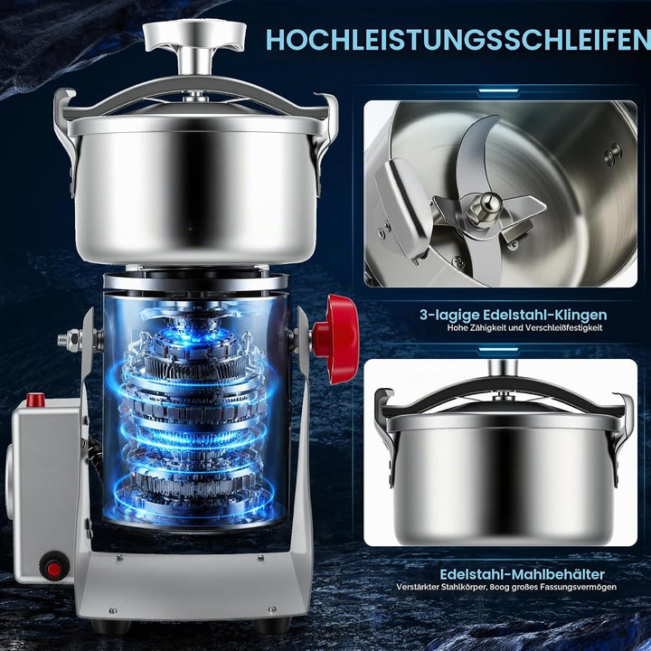 Tragbare Getreidemühle, Elektrische Edelstahl Gewürzmühle, 3500W – 304 Edelstahl, 800g Kapazität, Ho