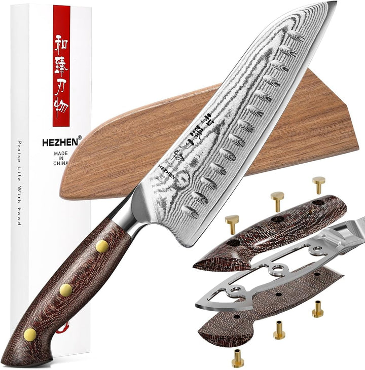 HEZHEN Santokumesser im Japanischen Stil，Echter Damaststahl Kochmesser mit Holzmesserscheide, Chines