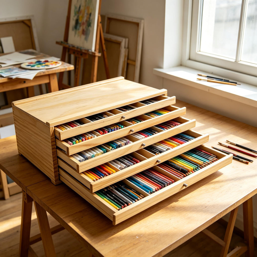 Schubladenbox Holz – 6 Schubladen Aufbewahrungsbox für Künstler, Stifte-Organizer aus Buchenholz mit