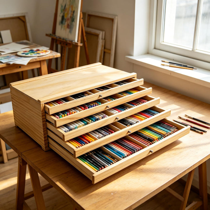 Schubladenbox Holz – 6 Schubladen Aufbewahrungsbox für Künstler, Stifte-Organizer aus Buchenholz mit