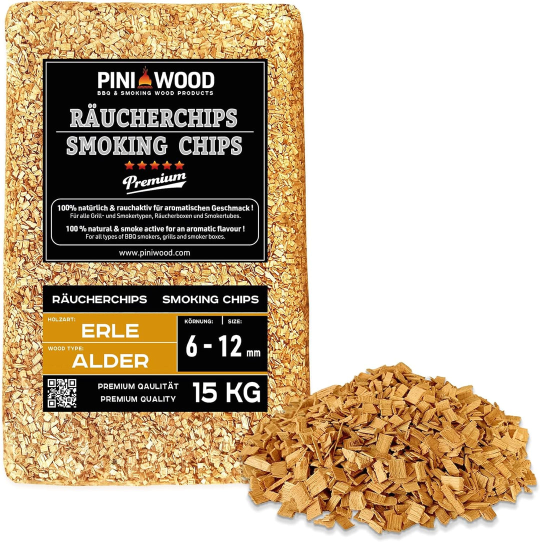 PINI 15 Kg Räucherchips Erle ohne Rinde 6-12 mm Smoking Chips Räucherspäne
