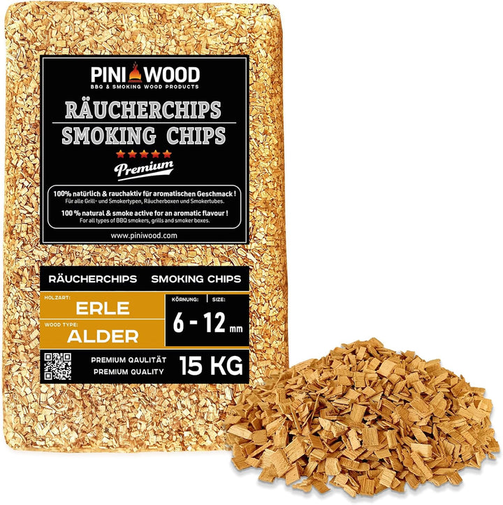 PINI 15 Kg Räucherchips Erle ohne Rinde 6-12 mm Smoking Chips Räucherspäne