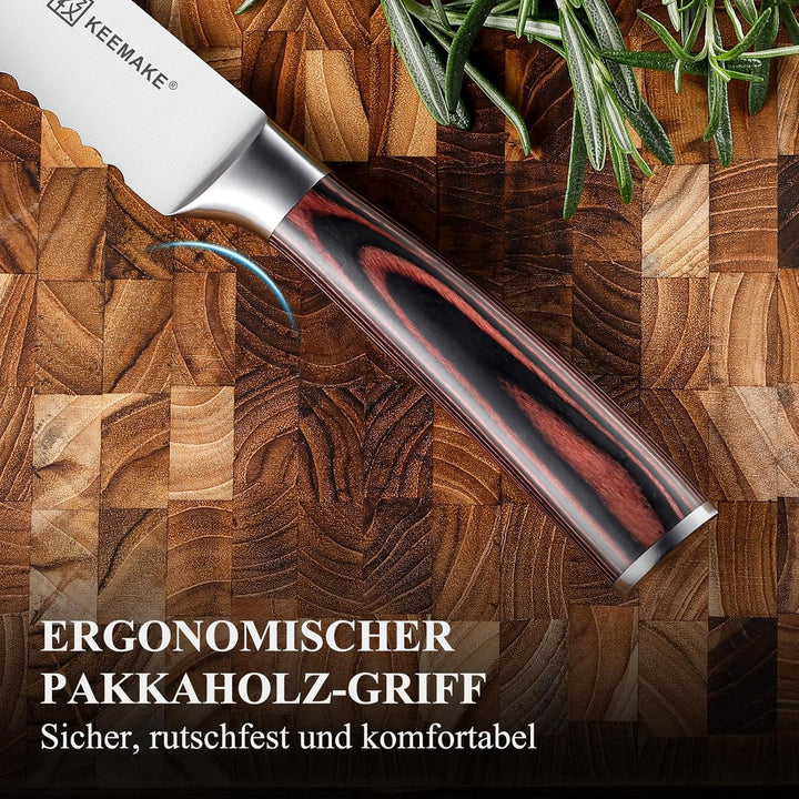 KEEMAKE Brotmesser mit Wellenschliff, Extra scharfes Brotschneidemesser 20 cm aus hochwertigem rostf