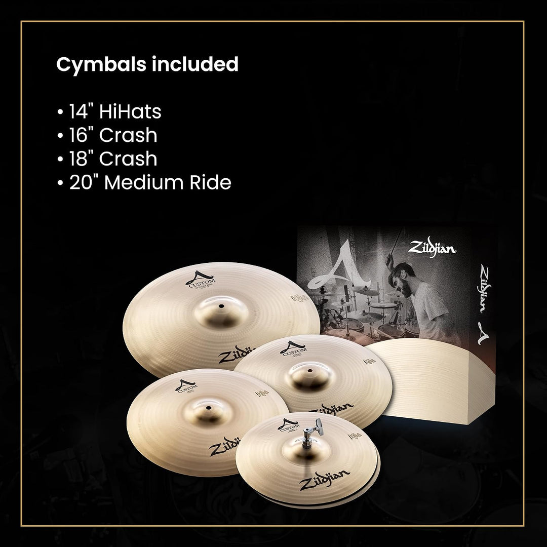 Zildjian A Custom Series Cymbal Box Set - 14" Hi-Hats, 16"/18" Crash, 20" Medium Ride A Custom 4 Pac